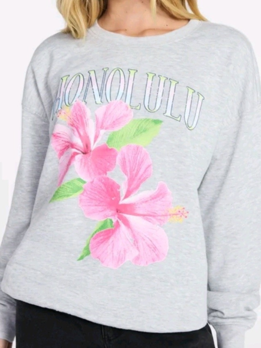 Honolulu Light Gray Sweatshirt with Pink Hibiscus Graphic